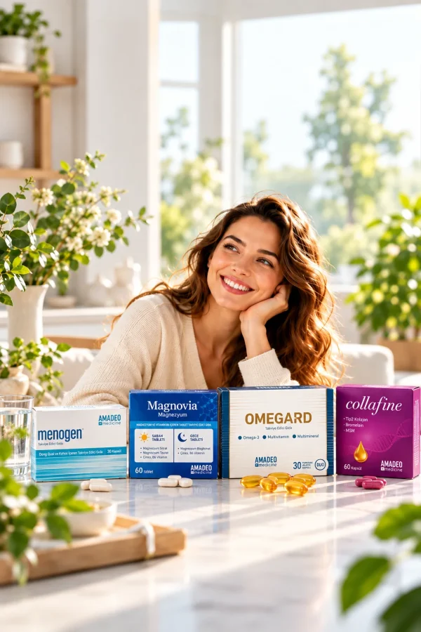 Menogen, Magnovia, Omegard ve Collafine ürün kutuları